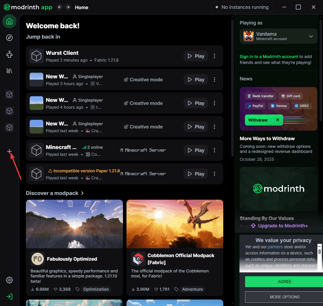 Create modpack button on home screen